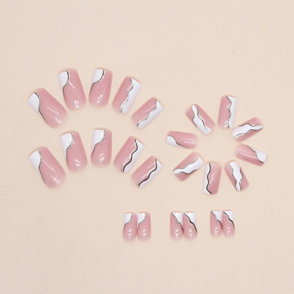 Rosa firkantede trykk på negler Glitter Swirl Kvinners franske falske/falske