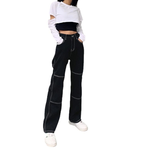 Damejeans, svarte, baggy jeans med høy midje for kvinner, Denim med rett vidde ben