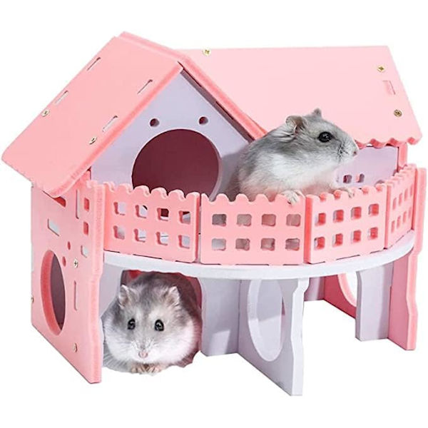 Træ Hamsterhus, Pink Lille Kæledyr Sovehus Dobbelt Lag Villa Balkon Samling Hamster Legetøj 17 x 15 x 15cm