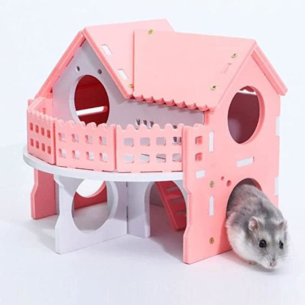 Trähus för hamster, rosa litet husdjurshus med dubbla lager villa balkong montering hamsterleksak 17 x 15 x 15 cm