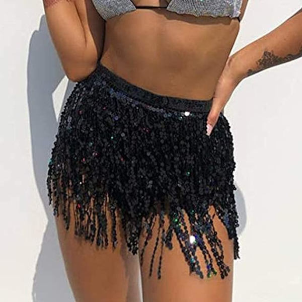 Belly Dance Hip Skirt Tassel Scarf Sequin Wrap Rave Kostume til Kvinder Sort