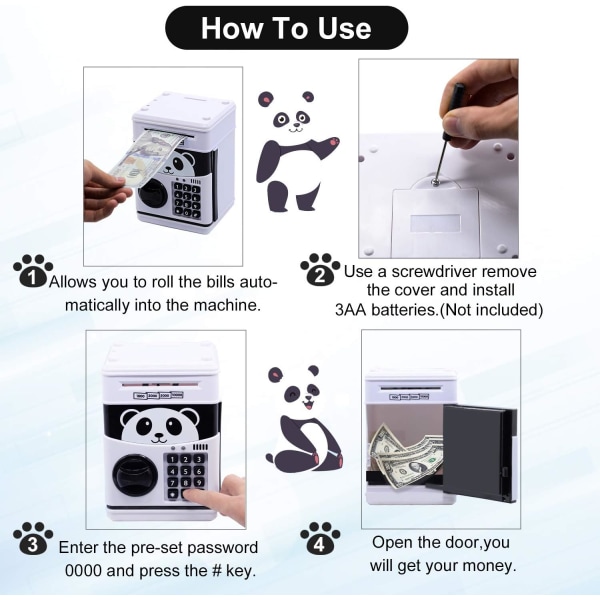 Elektronisk sparegris, tegneseriepassord ATM sparebanker for barn, søt animert panda pengebank for barn, automatisk rullebarnebank, minibank sparegris for ekte penger, myntbank barn
