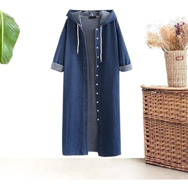 Dame Lang Denim Jakke Oversized Snørebånd Hætte Midi Jean Jakke, STØRRELSE