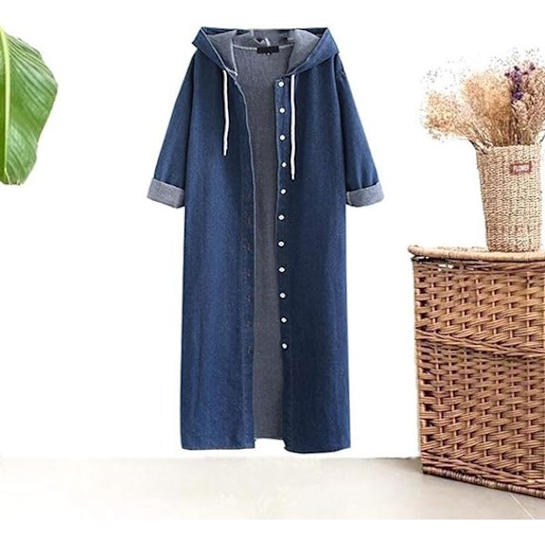 Womens Long Denim Jacket Oversized Drawstring Hooded Midi Jean Jacket, STORLEK