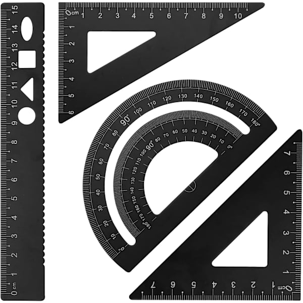 4-delad geometrikit i aluminium, linjal 15 cm, gradskiva 180°, triangel 6