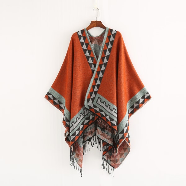 Dame Vinter Trykt Åpen Front Poncho Cape Rutete Sjal