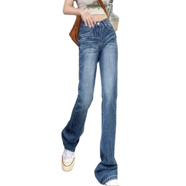 Kvinnors inseam hög midja rakt skuren flickvän Slim fit denim jeans XL
