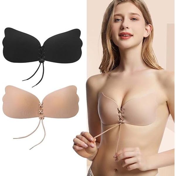 2 Strapless BH för kvinnor, självhäftande BH, beige, svart, push-up BH