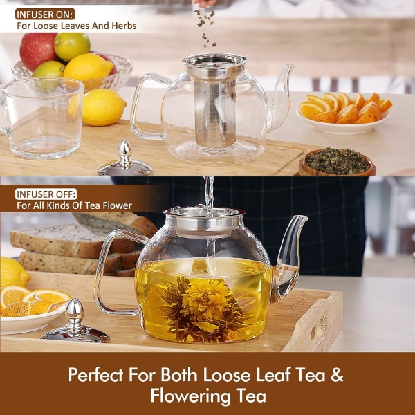 1000 ml glass tekanne med avtagbar te-infuser, komfyrsikker tekanne