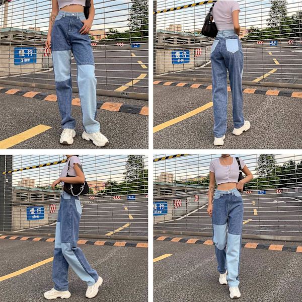 Dam Patchwork Jeans Hög Midja Rak Stretch Jeans Flickor Mode Färgblock Patchwork Jeans blå xl