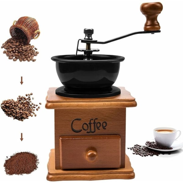 Manuell kaffekvarn, vintage, slitet trä med justerbar redskap