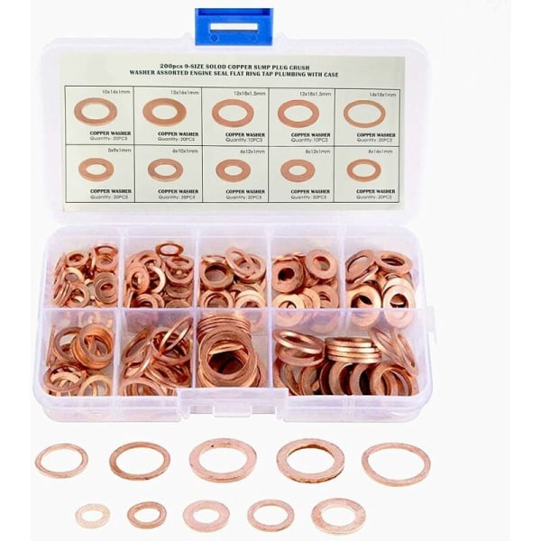 200 st kopparbricka brickor kit runda koppar sortiment kit M5 M6 M8 M10 M12