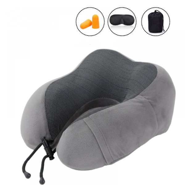 Rejsepude, Nakkepude, Memory Foam Rejsepude med Øjenmaske, Ørepropper, Inkluderet Bæretaske, Velegnet til Fly og Tog Grå