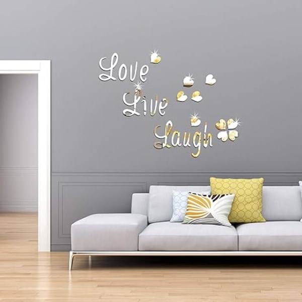 Kærlighed Live Latter Wall Decal Dekal Sølv Hjerte Spejl Væg Dekoration Soveværelse Liv