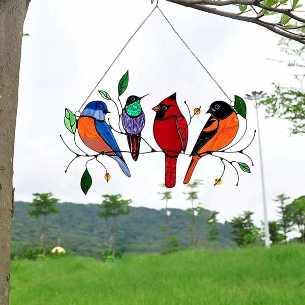 Fåglar på en tråd Betsad hög Suncatcher fönsterpanel, färgad fågelfönster H