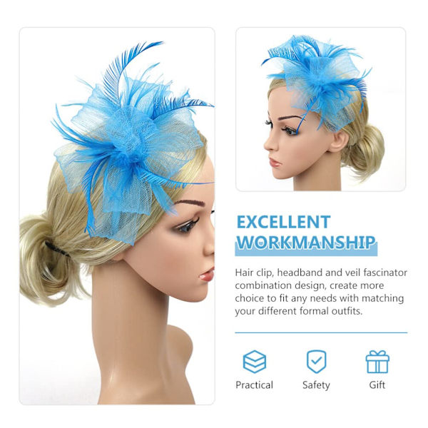 Slør Fascinator Te Selskab Pandebånd Mesh Fjer Hovedbeklædning med Clip til Kvinder Bryllup Sø Blå