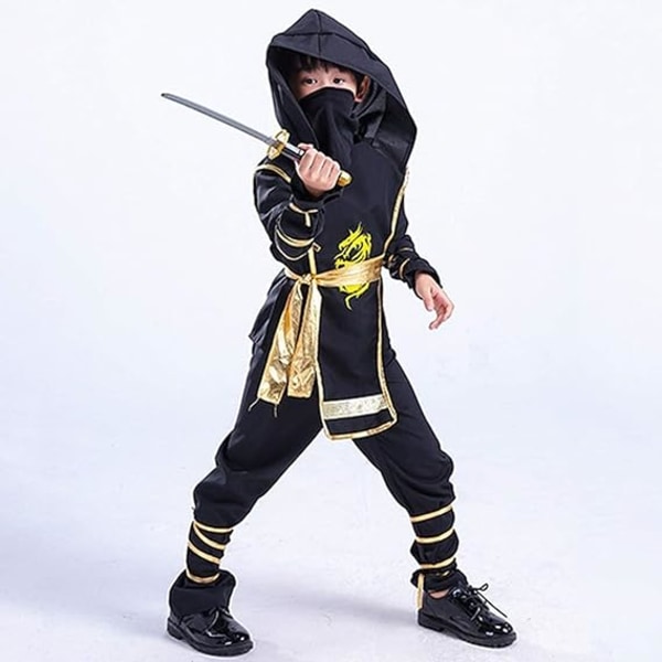 Ninja Girl Boy Cosplay Anime Ninja Kostyme Barn Drage Svart Gull Hette Maske