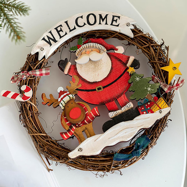 Julekrans til inngangsdøren, Julekrans med flettet Santa Claus, Julekransdekorasjon, Velkommenkrans til jul for innendørs