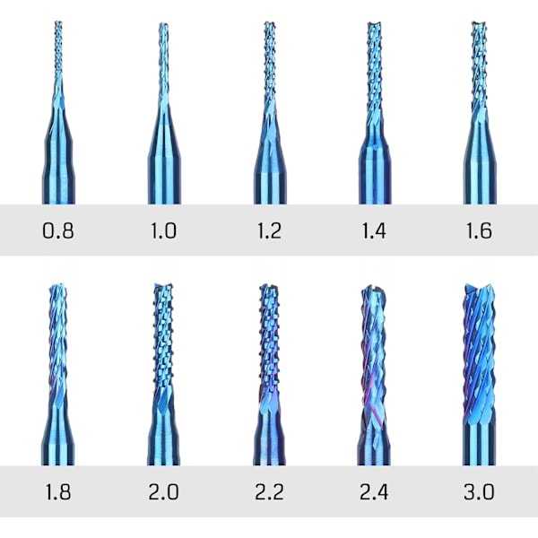 10 st Nano Blue Coat CNC-fräsbit, 0,8-3 mm, 1/8 skaft