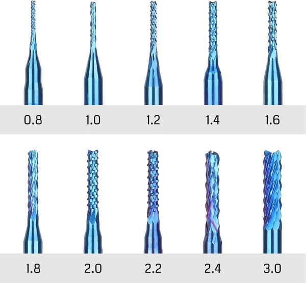 10 stk. Nano Blue Coat CNC-fræserbit, 0,8-3 mm, 1/8 skaft
