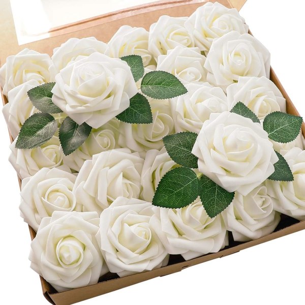 Konstgjorda blommor 25st äkta elfenbenskum falska rosor med stjälkar för