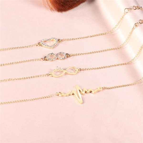 4 pcs Gold Bracelet with Heart, Infinity, ECG Curve & Rhinestones