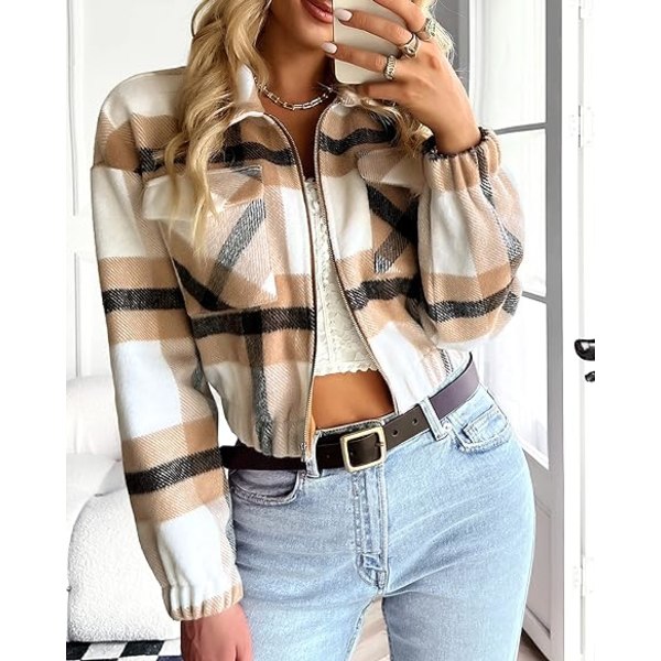 Dame Langærmet Flannel Ternet Crop Shacket Jakker Zip Up Lapel Lommer