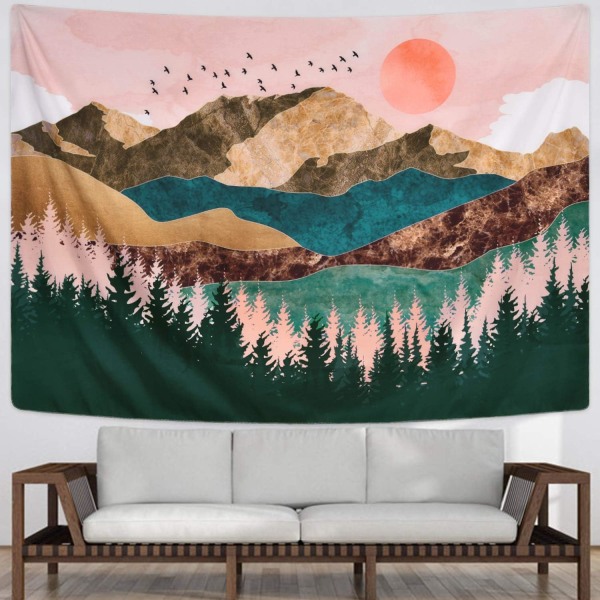 Bjergtæppe Skov Trætapet Solnedgang Tapestry Natur Landskab Tapestry