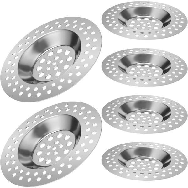 Set med 6 st sildukar i rostfritt stål - 7 x 0,6 cm - Högkvalitativa silar för diskho, handfat, kök och badrum, hårsilar för dusch och badkar,