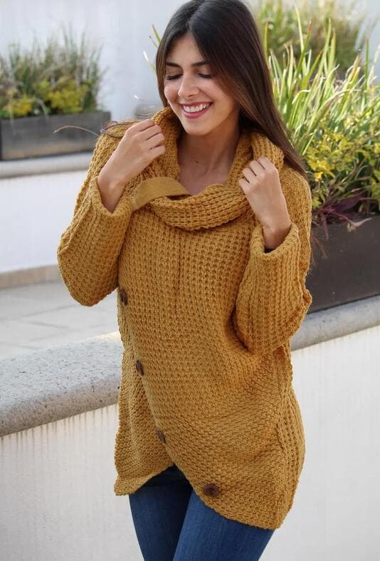 Pige SweatersTurtle Cowl Neck Asymmetrisk Knap Wrap Hem Pullover