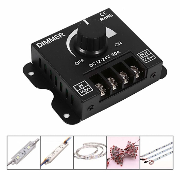 Dimmer 12V 24V 30A Enkeltfarget LED-regulatorstyring for LED-stripe Lysbånd Lampe Belysningskontroll Lysstyrke Svart