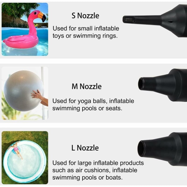 Elektrisk luft pumpe med 3 dyser, høj effekt elektrisk oppumpningspumpe, luft pumpe til padlepool, pool legetøj, oppustelig madras, oppustelig sofa, svømmering