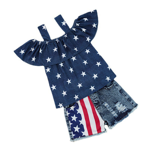 Taapero tyttö asu Amerikan lippu  Tytöt repi farkku denim shortsit vauva tyttö kesävaatteet