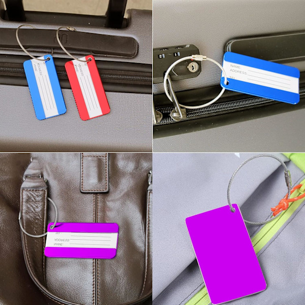 Kofferlapper, Rektangulær Bagasjelapp 8 Farger Aluminium Legering Bagasjelappholder med Rustfritt Stål Tau og Navnelapp for Koffert eller Forretningsveske