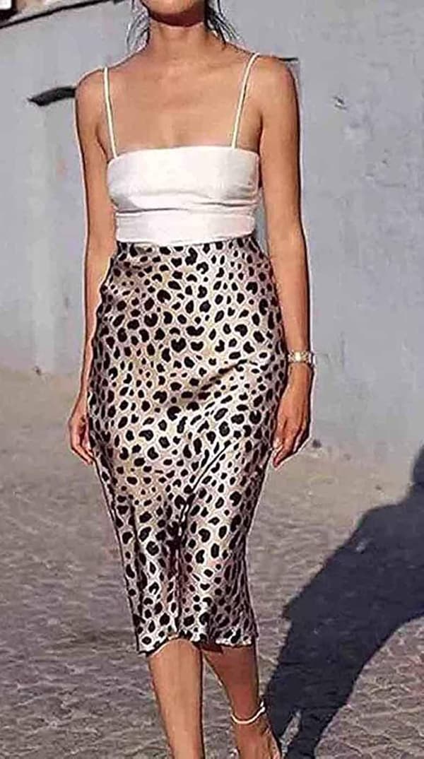 Leopardkjol för kvinnor, midilängd, hög midja, siden, satin, elastisk, gepard