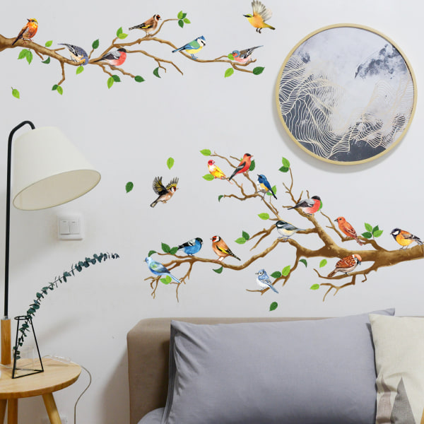 Kolibrin oksalla seinätarra, vihreä lehti ja lentävä lintu DIY