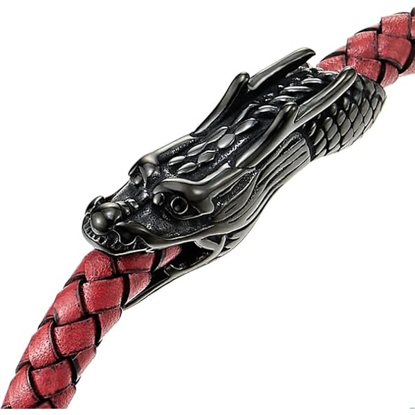 Vintage rostfritt stål drake huvud armband - flätat läderarmband - män