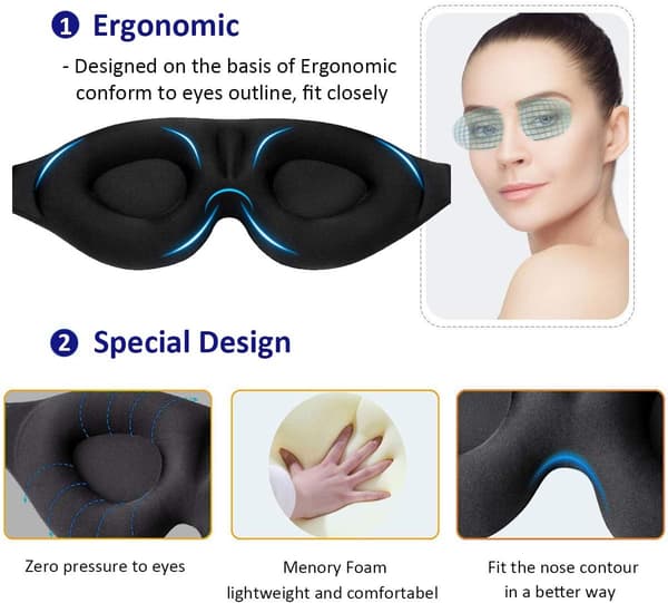 3D Konturerad Kopp Sovmask & Ögonbindel, Konkavt Formades Natt Sovmask
