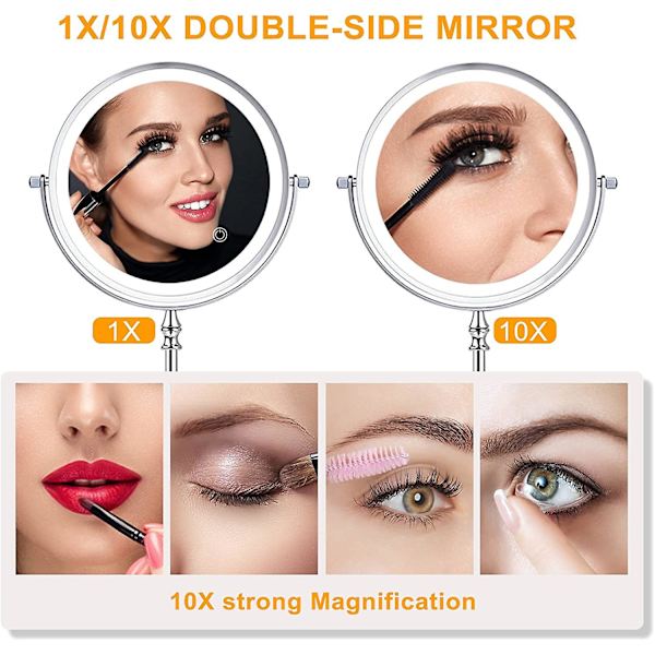8 tommer forstørrende makeup spejl, LED-belyst makeup spejl, 1x/10x forstørrelse USB-oplader
