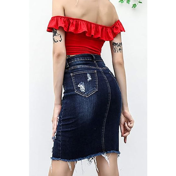 Kvinde Bodycon Front Split Frayed Mørk Vasket Midi Denim Blyantsnederdel STØRRELSE