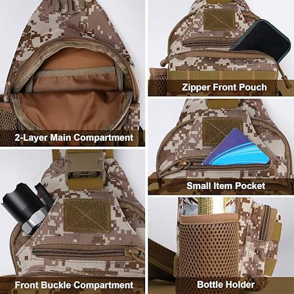 Taktisk Bröstväska, Messenger Axelväska för Män, Crossbody Väska kompatibel Cykling Vandring Resor, Khaki