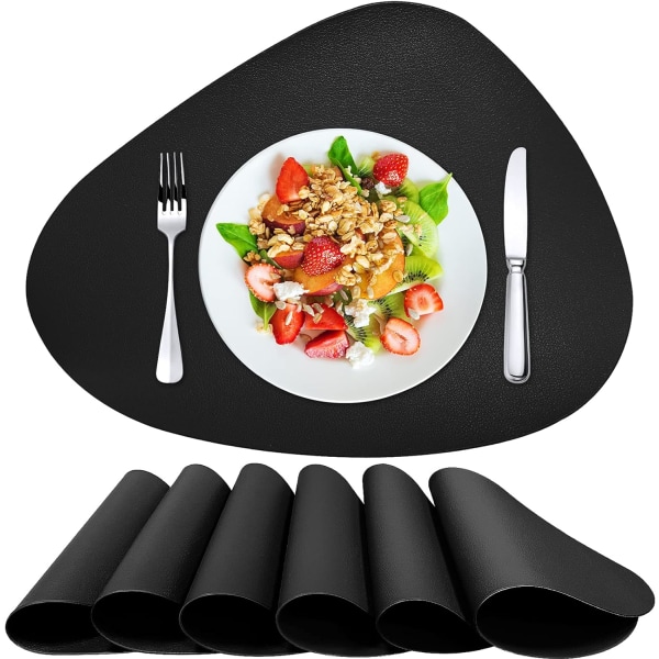 Svarte dekkeservietter sett med 6 for spisebordsmatter, dekkebrikker i kunstskinn