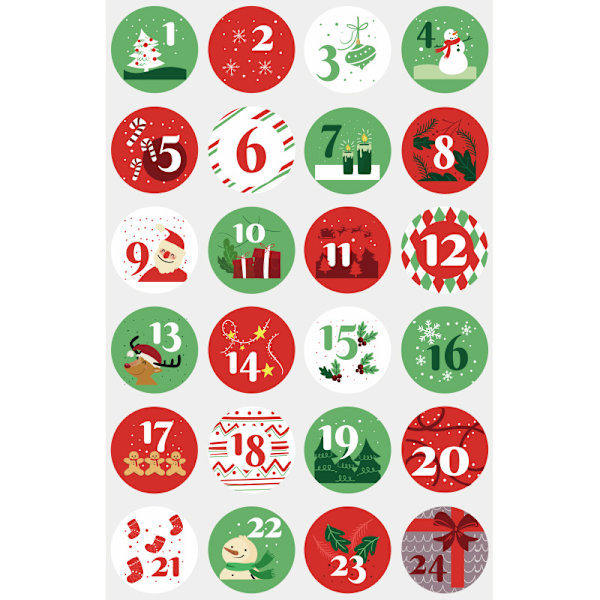 7 x 24 forskellige adventskalender-numre til at sætte på - 24 klistermærker med numre til jul til at lave og dekorere selv, runde julekalendere