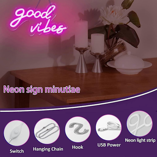 Good Vibes eon-skylt med USB-ström och dimmer, rosa LED eon-skyltar för sovrum, eon-lampor för väggdekoration, spelrum, fest, bardekoration - 16,1 * 8,2