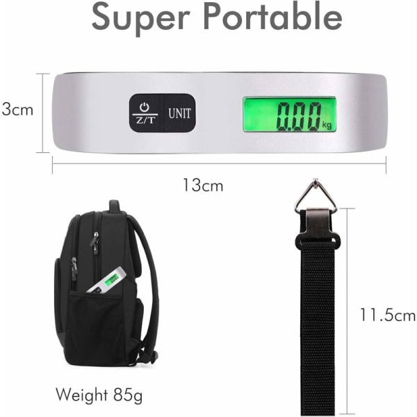 Digitalvåg med temperatursensor och orienteringstrolley för att hänga ditt bagage, resor, fritid och hem 13 X 3cm (50 kg, 110 lb) silver - Batterier ingår ej