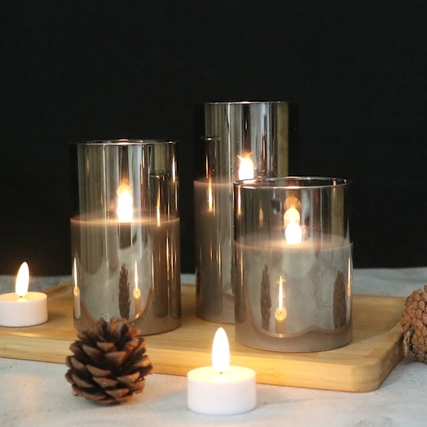 Grå glas batteridrevne flammefri LED-lys med 10-tasters fjernbetjening og timer