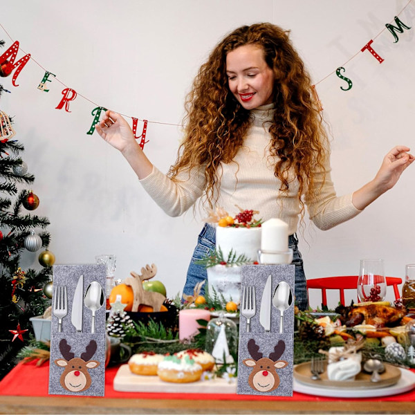 4 Styk Jule-Filt Bestikholdere, Julebestikpose, Julebestikholder, Julemandskostume Bestik, Julebestikpose Dekoration