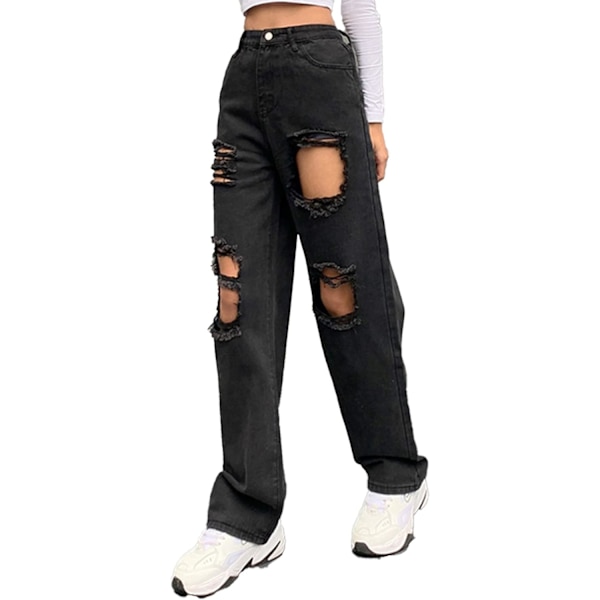 Kvinnors Lösa Ripped Boyfriend Jeans Hög Midja Lösa Denim Byxor Distre
