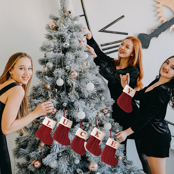 Julstrumpor Röd Snöflinga Alfabet Bokstäver Julstickning Strumpa Julgran Hänge Dekorationer kompatibel Hem Julklapp-F