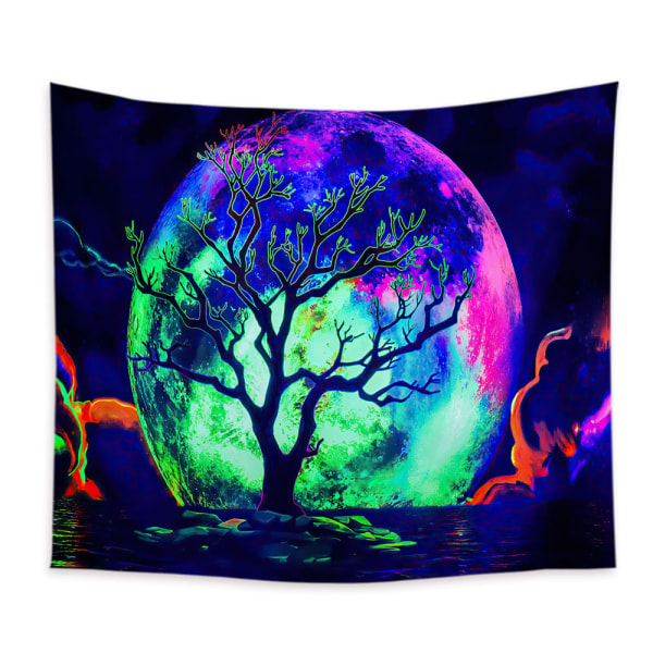 Blacklight Moon Tapestry, UV-reaktivt tre, innsjø, fargerik stjernenatt